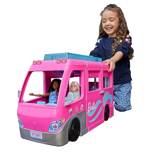 Barbie Dream Camper, Pink Camper with 7 Play Areas, 60 Toy Accessories, 2 Puppies, Pool and 80 cm Slide, Toys for Ages 3 and Up, One Barbie Camper, HCD46