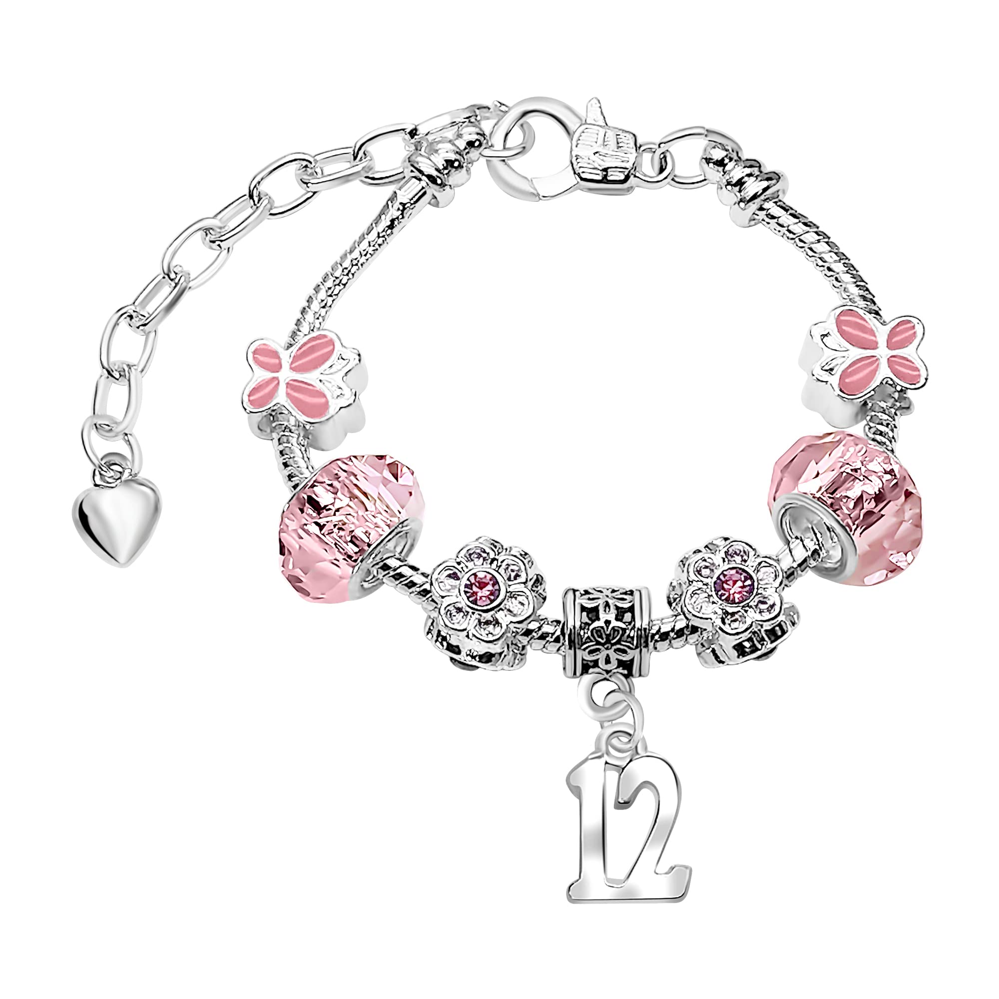 Girls Sparkly 12th Birthday Pink Butterfly Crystal Silver Plated Adjustable Charm Bracelet with Gift Box 12th Birthday Gifts for Girls Age 12