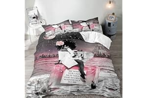 LUVIVIHOME VIVIHOME 3PCS Black Girl King Duvet Cover Set, BE WHO YOU ARE Inspirational Quote Eiffel Tower Pink Perfume Lipstick Makeup Fashion African American Bedding Set, Bedroom Decor for Women, 2 Pillowcases