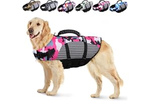 KOESON Dog Life Jacket, Camo Ripstop Dog Life Vest for Swimming, Reflective Pet Safety lifejacket for Dogs with Rescue Handle, Dog Life Preserver Swimsuit for Small Medium Large Dogs (Pink, L)
