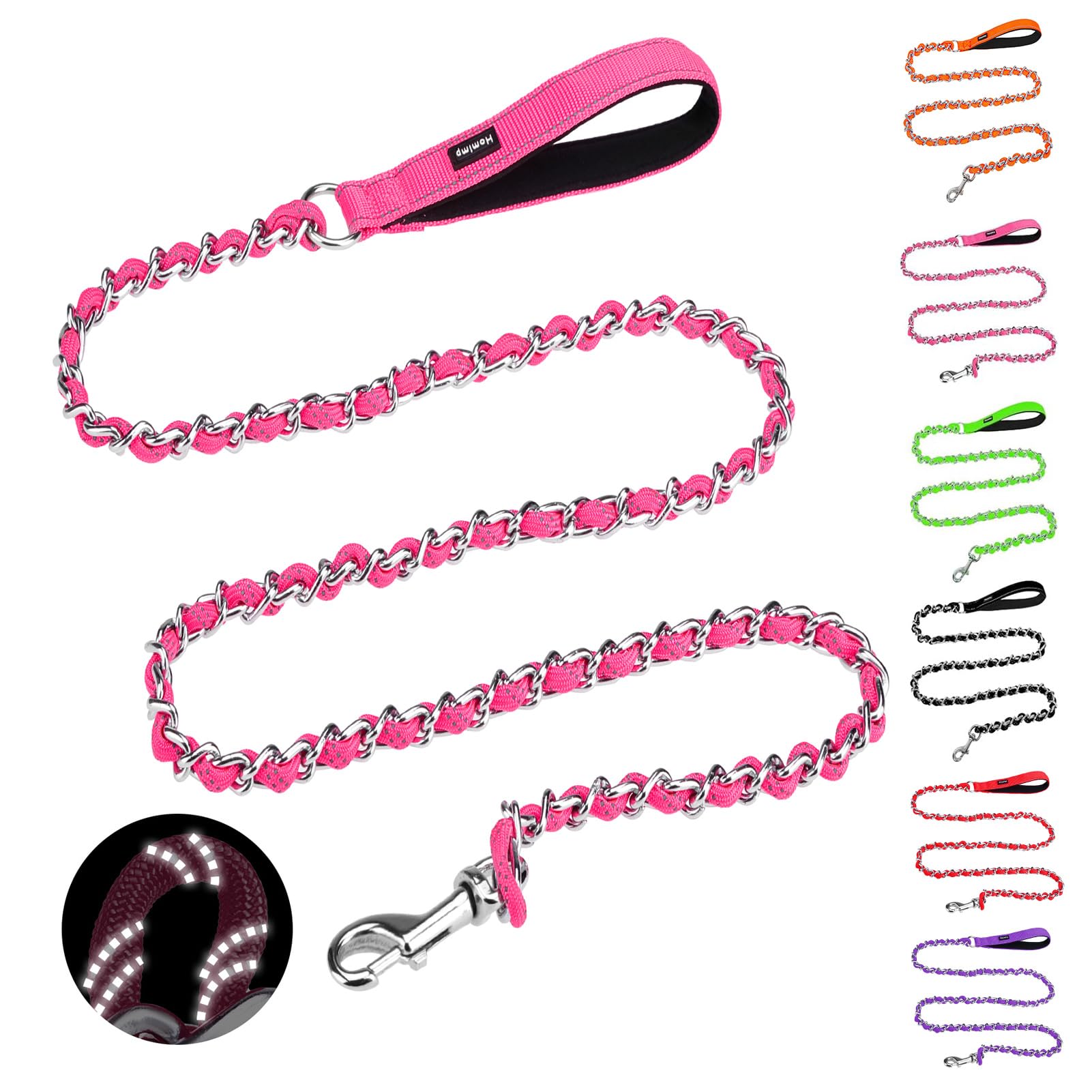 Homimp Chain Dog Leash for Medium Large Dogs, Reflective 6 FT Chew Proof Heavy Duty Metal Leashes with Soft Padded Handle, Anti Bite Durable Rope Pet Leashes for Pitbull, Non Chewable Leash Pink — image 1