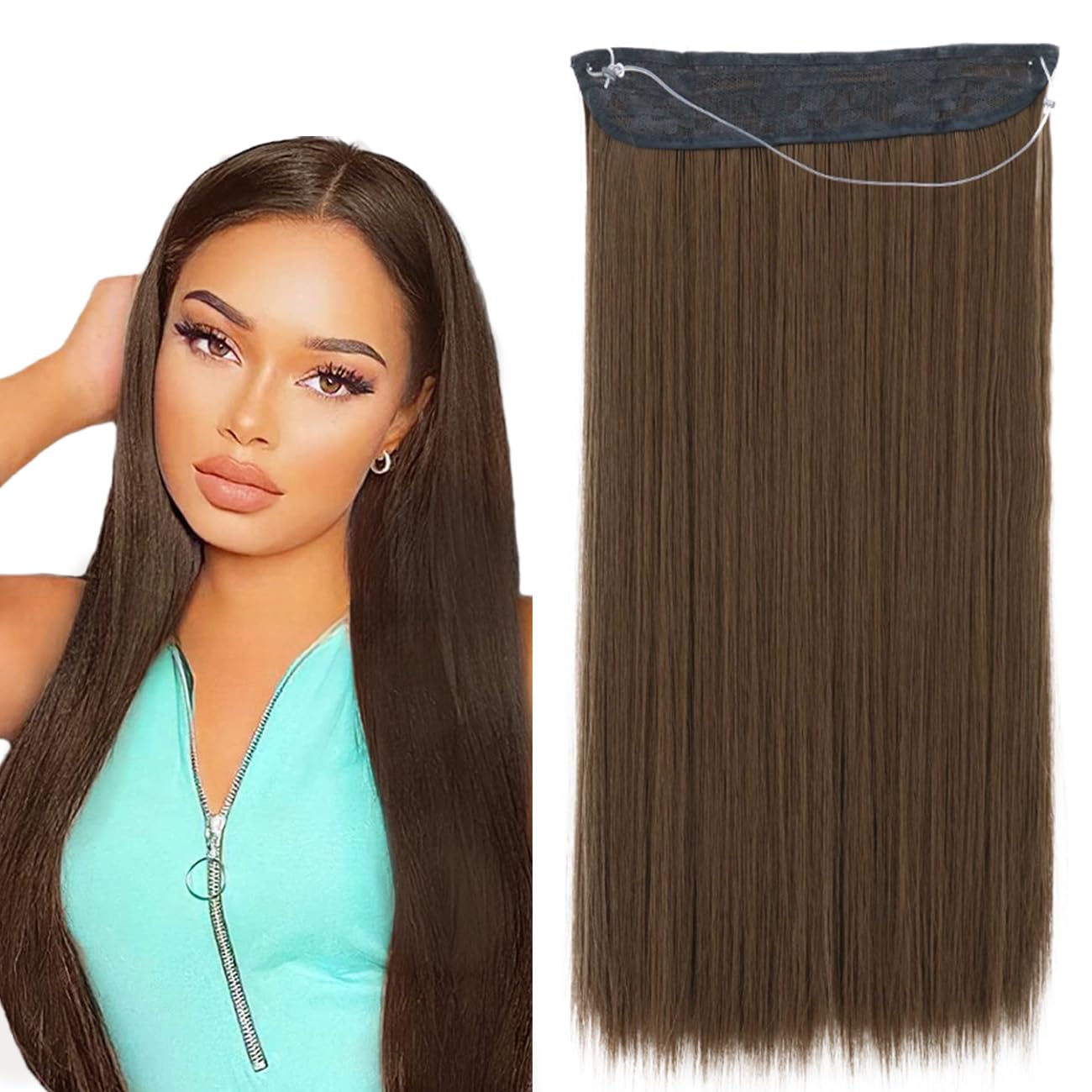 prinfantasy Hair Extensions Invisible Dark Brown One Piece Hair Extension Synthetic Fiber Line Metal buckle Adjustable Hairpieces for Women Natural Hair,MW188