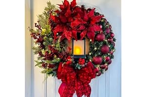 GIGAWOOD 2024 Large Christmas Wreaths for Front Door Artificial Lighted Christmas Wreath with Bow Ribbon Red Christmas Front Door Wreath with Christmas Ball Christmas Garland for Indoor Outdoor Home Decor (A)
