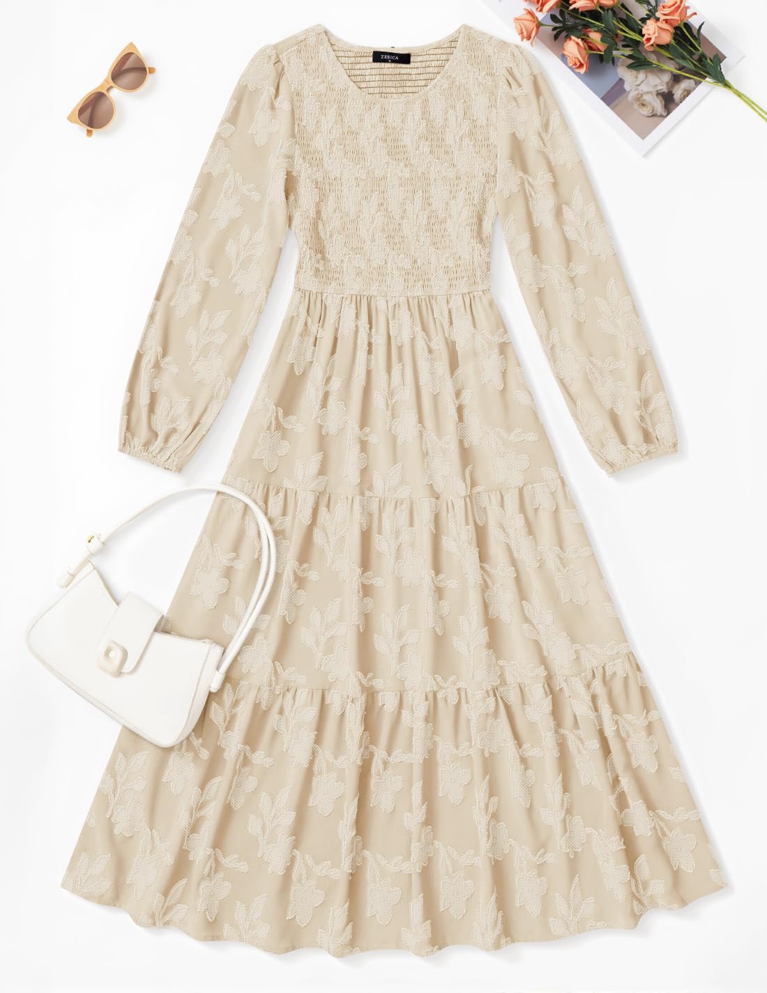 ZESICA Women's Fall Boho Floral Midi Dress 2025 Casual Long Sleeve Crewneck Flowy Wedding Guest Long Dresses