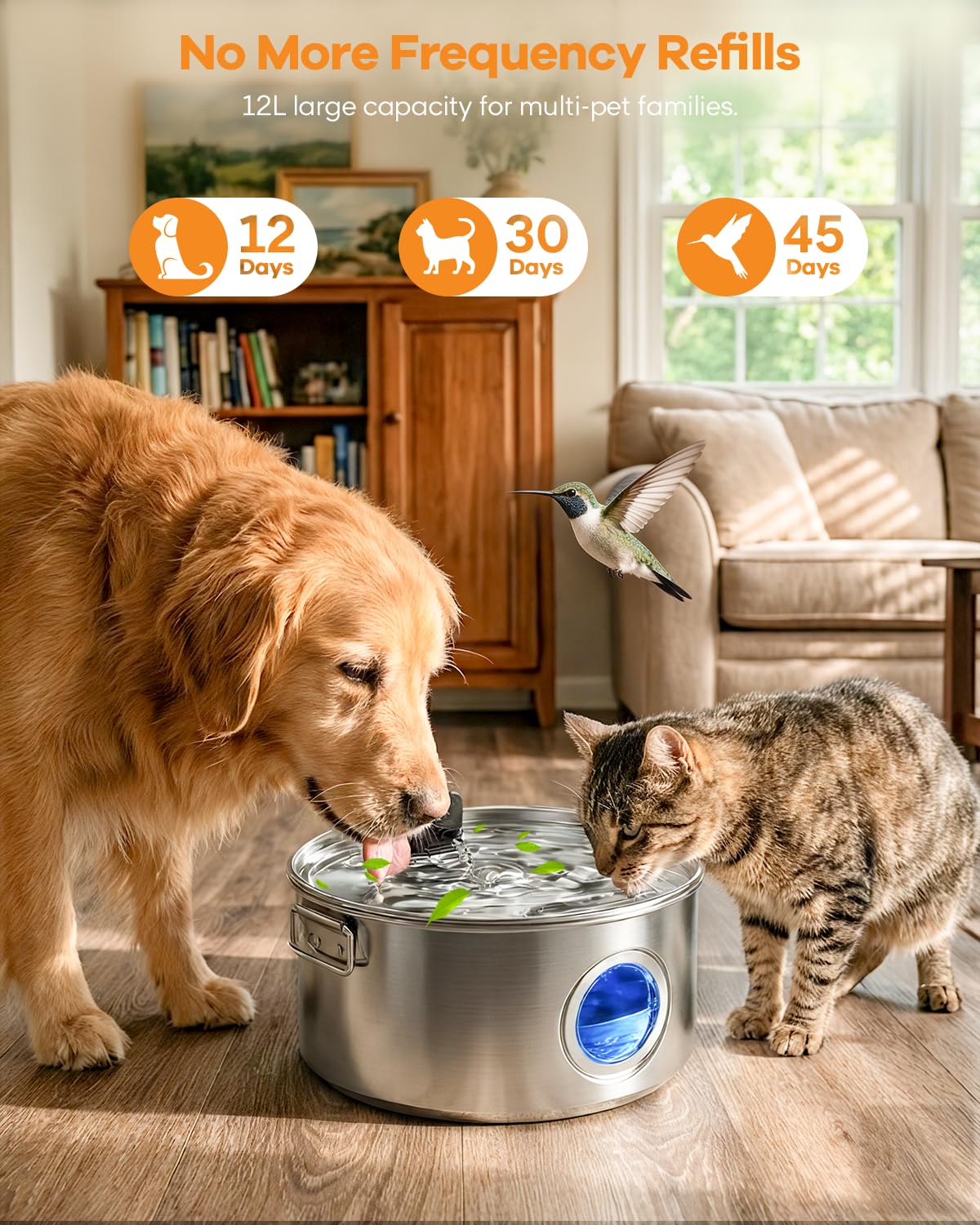 Condition photo showing New/Like New for 3.4gal wireless automatic dog water fountain for large dogs,12l stainless steel 3 modes dog fountain water bowl dispenser, multi large pet water fountain ultra quiet & multi-filteration silver 12l dog fountain with 4 filters