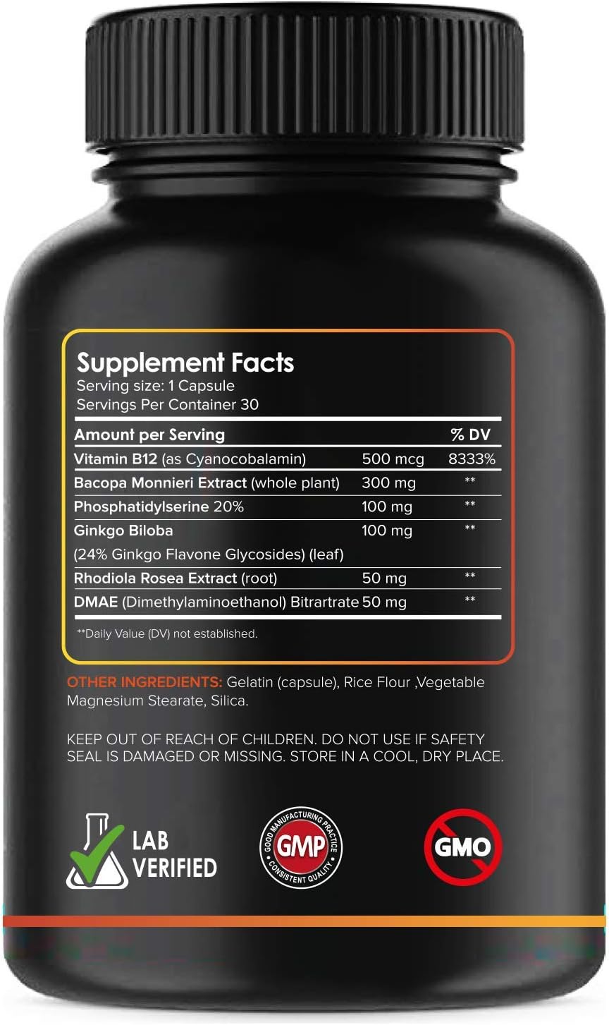 Brain Supplement Nootropics Booster - Enhance Focus, Boost Concentration, Improve Memory & Clarity For Men & Women, Ginkgo Biloba, DMAE, Mind Enhancement, IQ Neuro Energy, Vitamin B12, Bacopa Monnieri: Health & Personal Care