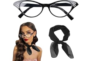 HIYMDOIT 50's Costume Accessories Set for Women 1950s Vintage Chiffon Neck Scarf Rhinestone Cat Eye Glasses for Cosplay Party