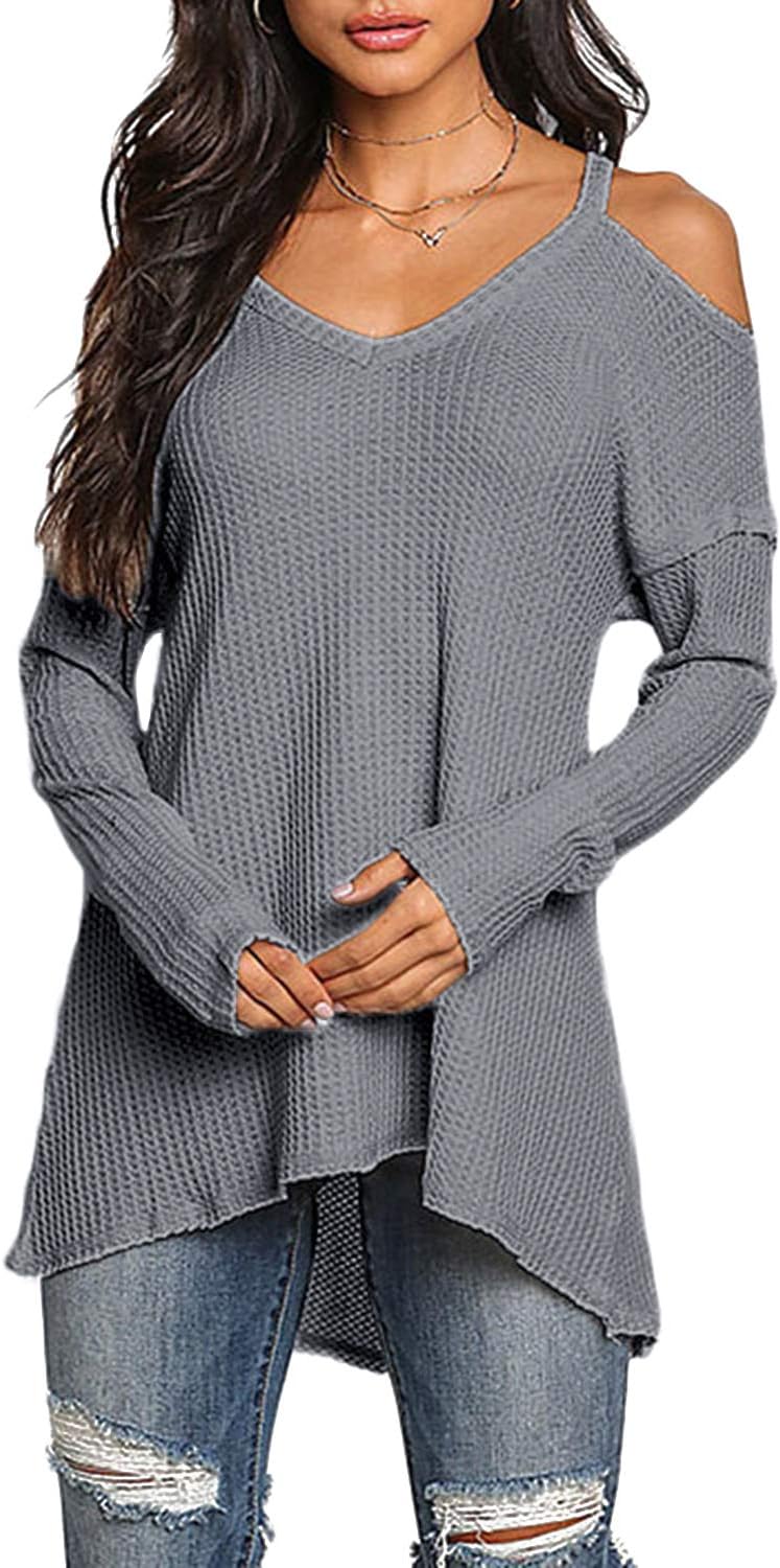 Women Cold Shoulder Baggy Shirt Long Sleeves Knitted Top Off Shoulder Blouses