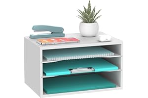 SHARKWOODS 3-Tier Paper Organizer for Desk, Wood Desktop Organizer with Adjustable Letter Tray, Mail Sorter for Office School & Home, White