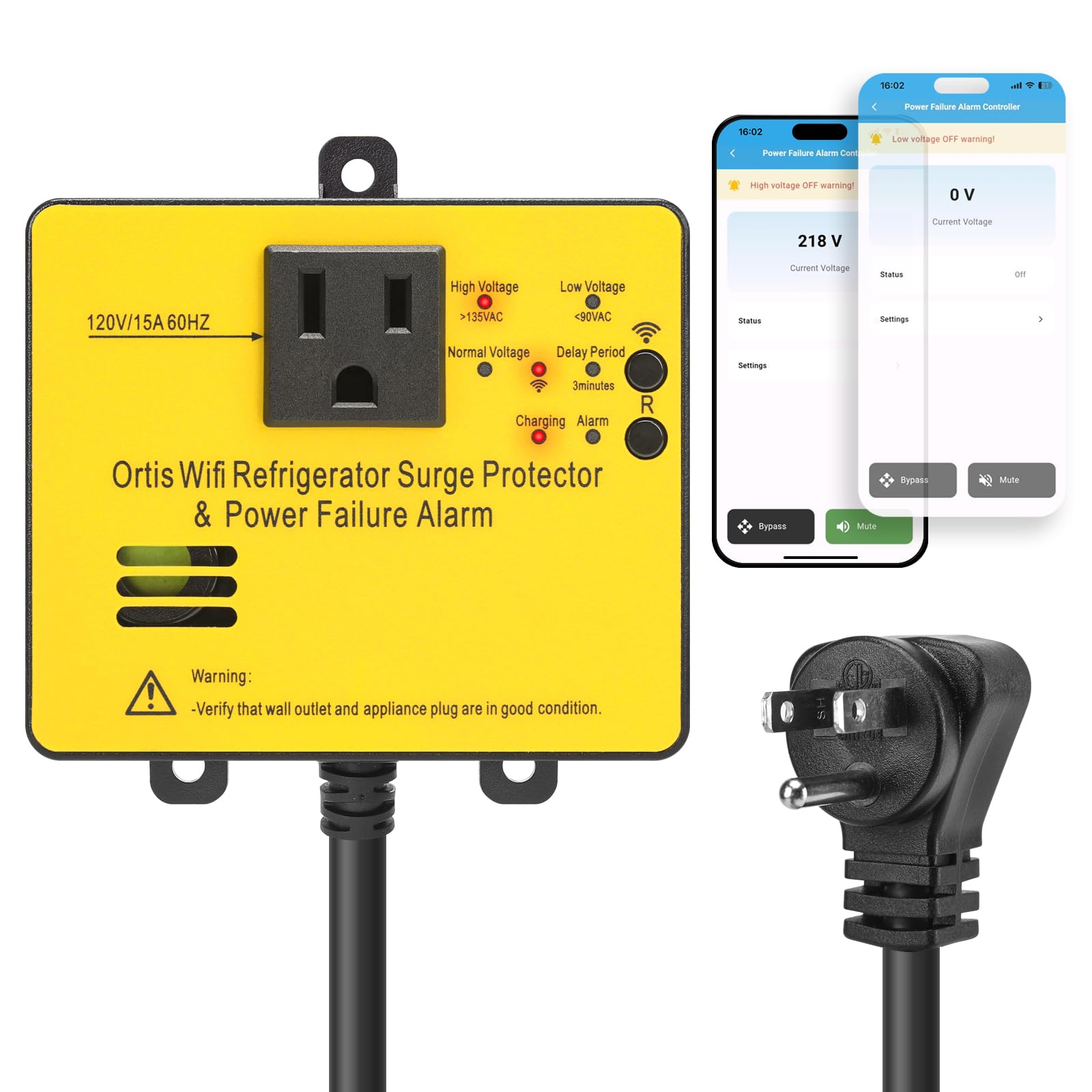 Photo 1 of Wi-Fi Smart Power Failure Alarm with Surge Protector, Remotely Monitor and Control Your Refrigerator Via App, Ensuring The Safety of Refrigerator and Food Stored Inside, Yellow