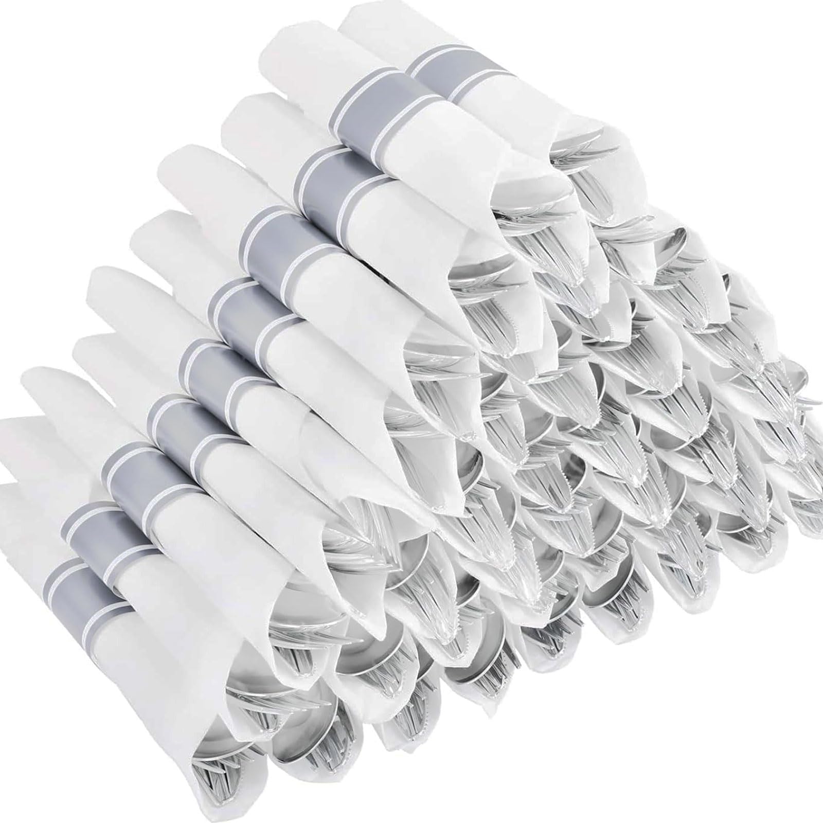 Photo 1 of Joyido 50Guests Pre Rolled Silver Plastic Silverware Sets - Heavy Duty Silver Cutlery - Include 50 Pack Wrapped Disposable Utensils with Napkins for Parties & Dinners & Weddings