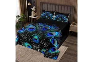 Erosebridal Peacock Feather Coverlet Set Wild Animal Bedspread for Boys Girls Youth,Wildlife Bedding Set Fashion Novelty Luxury Bedroom Decor Twin Size Blue Green Teal Black