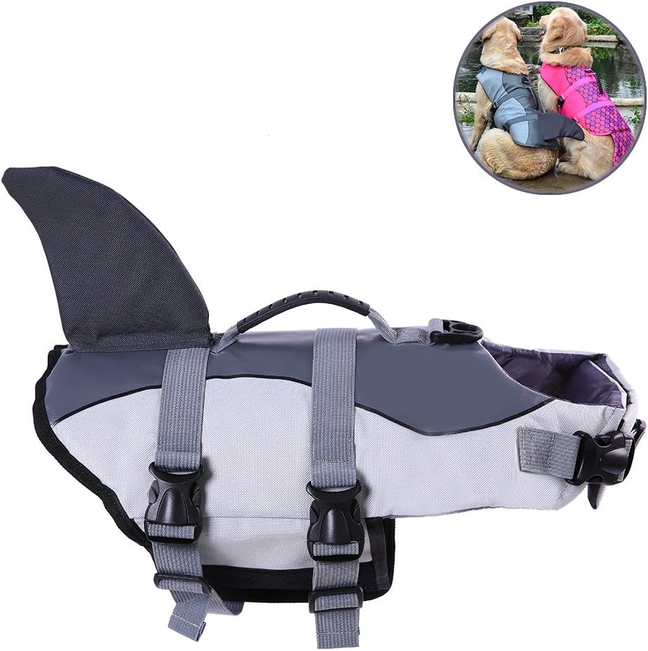 ROZKITCH Albabara Ripstop Adjustable Dog Life Jacket with Rubber Handle Pet Puppy Saver Swimming Water Life Vest Preserver Flotation Aid Fish and Shark Style with fin for Small Medium, Large Dogs…