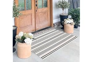 BUAGETUP Black and White Layered Doormat,27.5x43.3inch Striped Outdoor Rug Hand Woven Cotton Indoor Outdoor Rug for Porch Layered