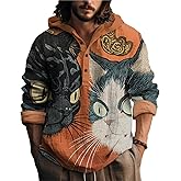 MARSVOVO Japanese Art Animal Hooded Shirt for Men Long Sleeve Quarter Button Lightweight Hoodie Cool Streetwear Tops