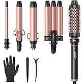 Wavytalk 5 in 1 Curling Wand Set, Dual Voltage Curling Iron Set with 5 Interchangeable Barrels Included A Thermal Brush, A Hair Crimper and 3 Ceramic Curling Wands(0.5"-1.25"), Rose Pink