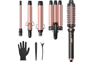 Wavytalk 5 in 1 Curling Wand Set, Dual Voltage Curling Iron Set with 5 Interchangeable Barrels Included A Thermal Brush, A Hair Crimper and 3 Ceramic Curling Wands(0.5"-1.25"), Rose Pink