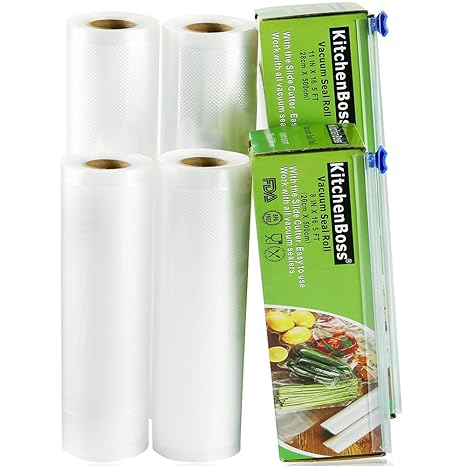 KitchenBoss Vakuumrollen 4 Rollen 20x500cm und 28x500cm Mit 2 kasten cutter Profi-Folienrollen, Kommerzielle Geprägte Taschen
