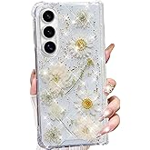 Changjia for Samsung Galaxy Z Fold 7 Clear Glitter Floral Case, Cute Pressed Real Flowers Design Bling Sparkly White Floral Pattern Soft TPU Shockproof Women Girls Phone Case for Galaxy Z Fold 7,White