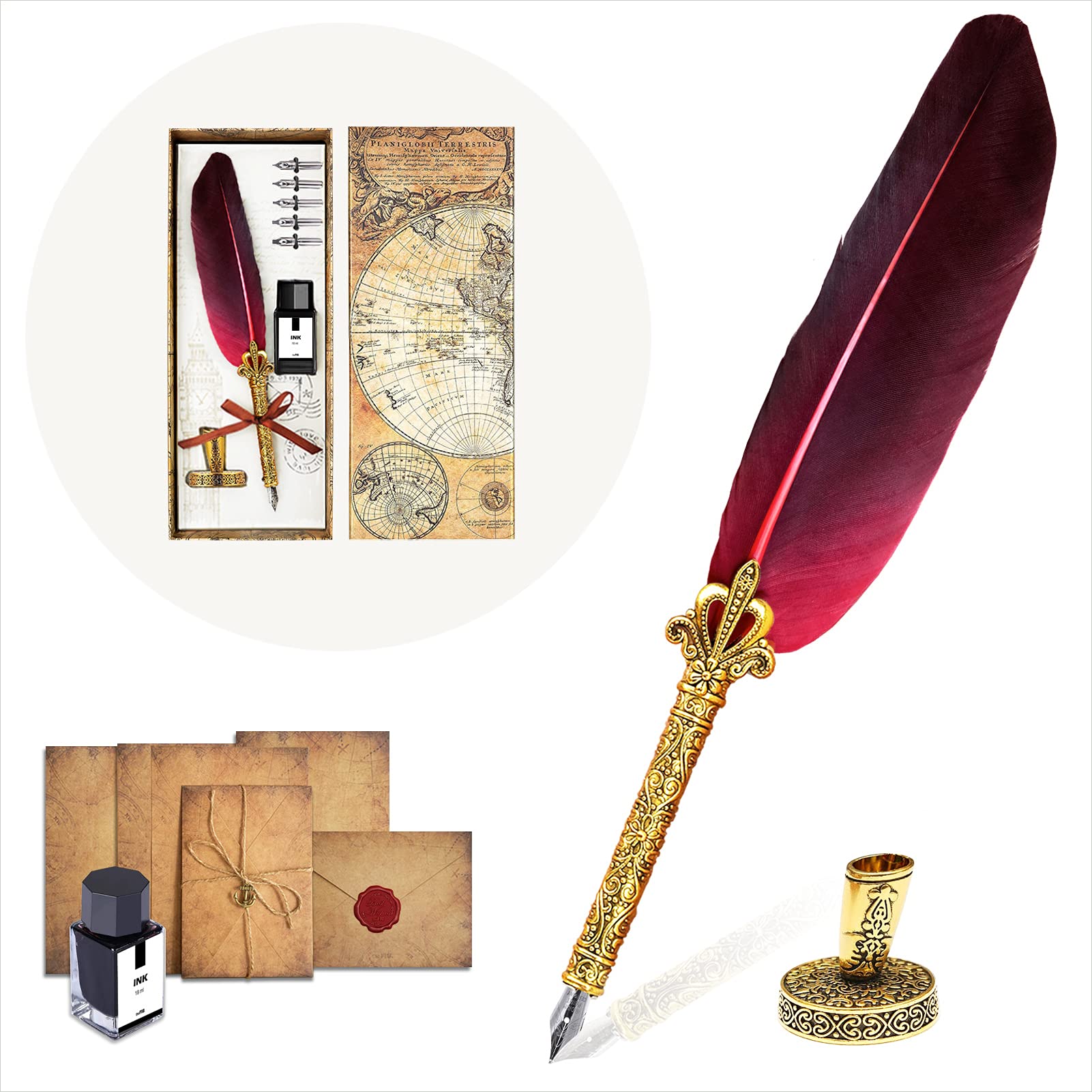 theFIU Quill Pen and Ink Set, Upgraded Fountain Pen for Writing, Calligraphy Set for Beginners, Handcrafted Feather Pen with a Stationery Set, Red