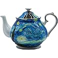 Teapot 30 oz Van Gogh Paintings Bone China Loose Tea Pot Floral Design Vintage Ceramic Coffee Water Pot European Style Porcelain (Starry Sky)