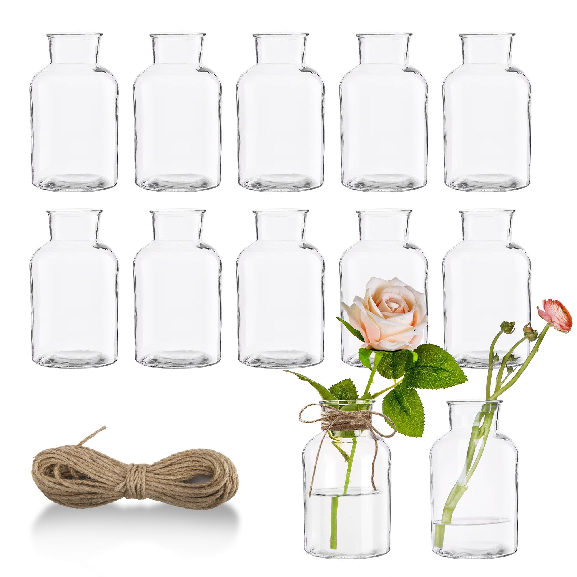 12PCS Flower Vase, 125ml Small Glass Vase Set Clear Bud Vases for Table Decoration, Cute Handmade Vases Mini Glass Bottles with 5M Jute Twine for Table, Wedding Recepetion, Home