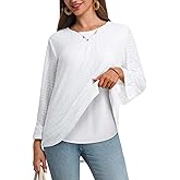 MAGICATELIER Women Boho Double Layered Crewneck Tunic Eyelet Tops Loose Fit Dressy Cute 3/4 Sleeve Casual Blouses Shirts 2026