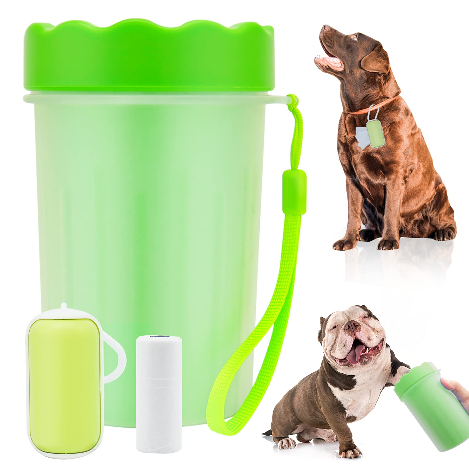 KOOLPUG Dog Paw Cleaner, Paw Cleaner Cup with Dog Poo Bags Leash Dispenser, Dog Paw Washer, Pet Paw Cleaner with Waste Bags, Pet Cleaner, Perfect for Removing Dirts After Daily Walk (Medium, Green)