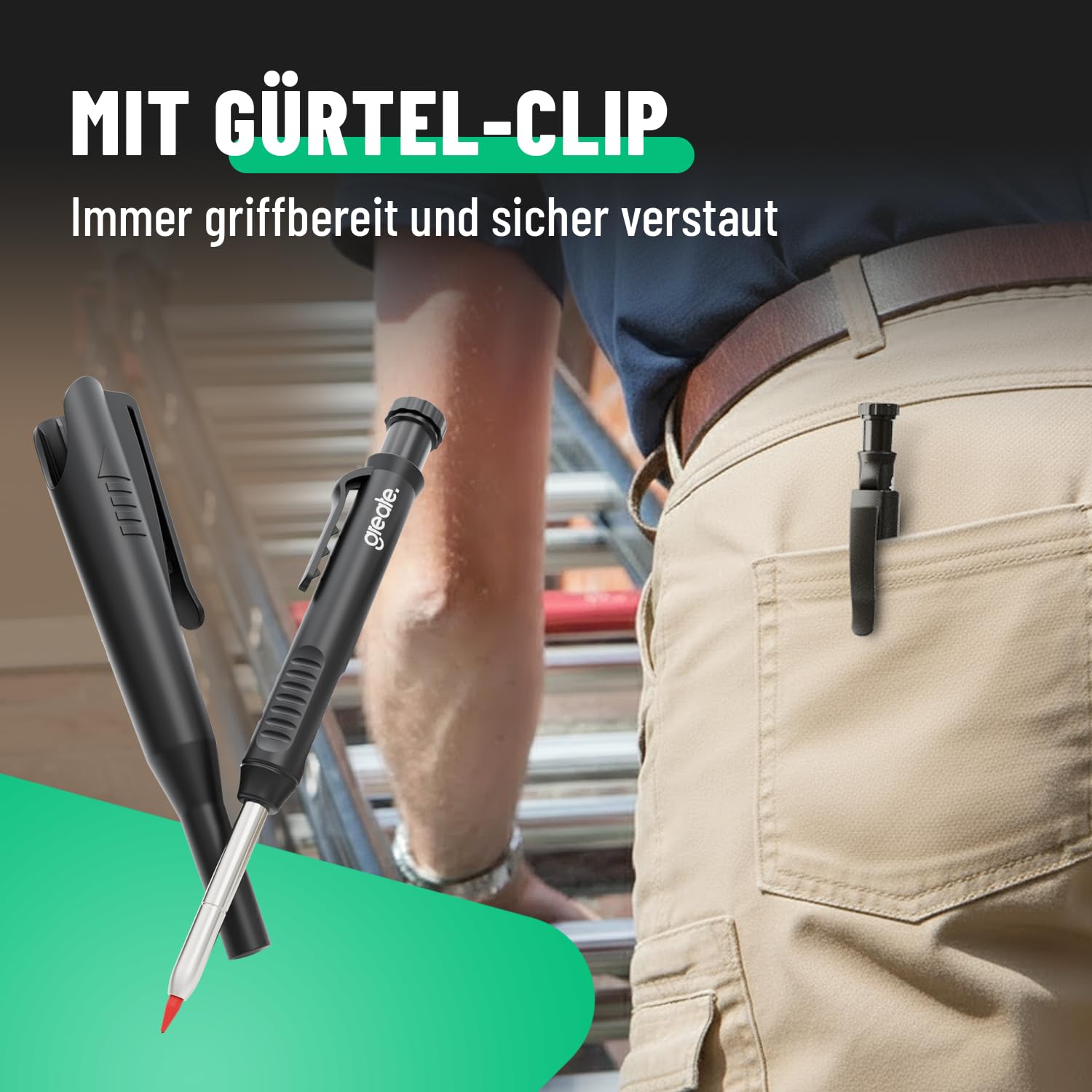 greate Tieflochmarker Bleistift inkl. 7 Mienen & Spitzer - Handwerker Baustellen Stift für Holz, Metall, Kunststoff, Fliesen und vieles mehr - Tiefenlochmarker, Markierstift, Baubleistift 6