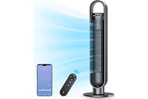 Azonanor Tower Fan for Bedroom, 90° Oscillating Standing Bladeless Fan with Remote, 12H Timer, 3 Speeds Max 28ft/s, 3 Modes, LED Display Floor Fans Works with Tuya/Smart Lift