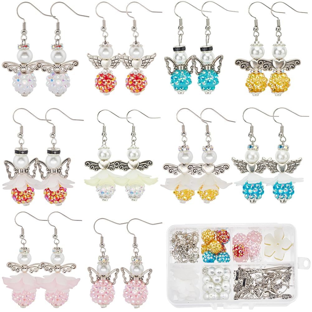 SUNNYCLUE 1 Box 10 Pairs Christmas Earrings Kit Angel Wing Charms Wings Charms Butterfly Wing Beads Guardian Angel Beads Round Flower Acrylic Bead for Jewellery Making Kit DIY Dangle Earrings Supplies