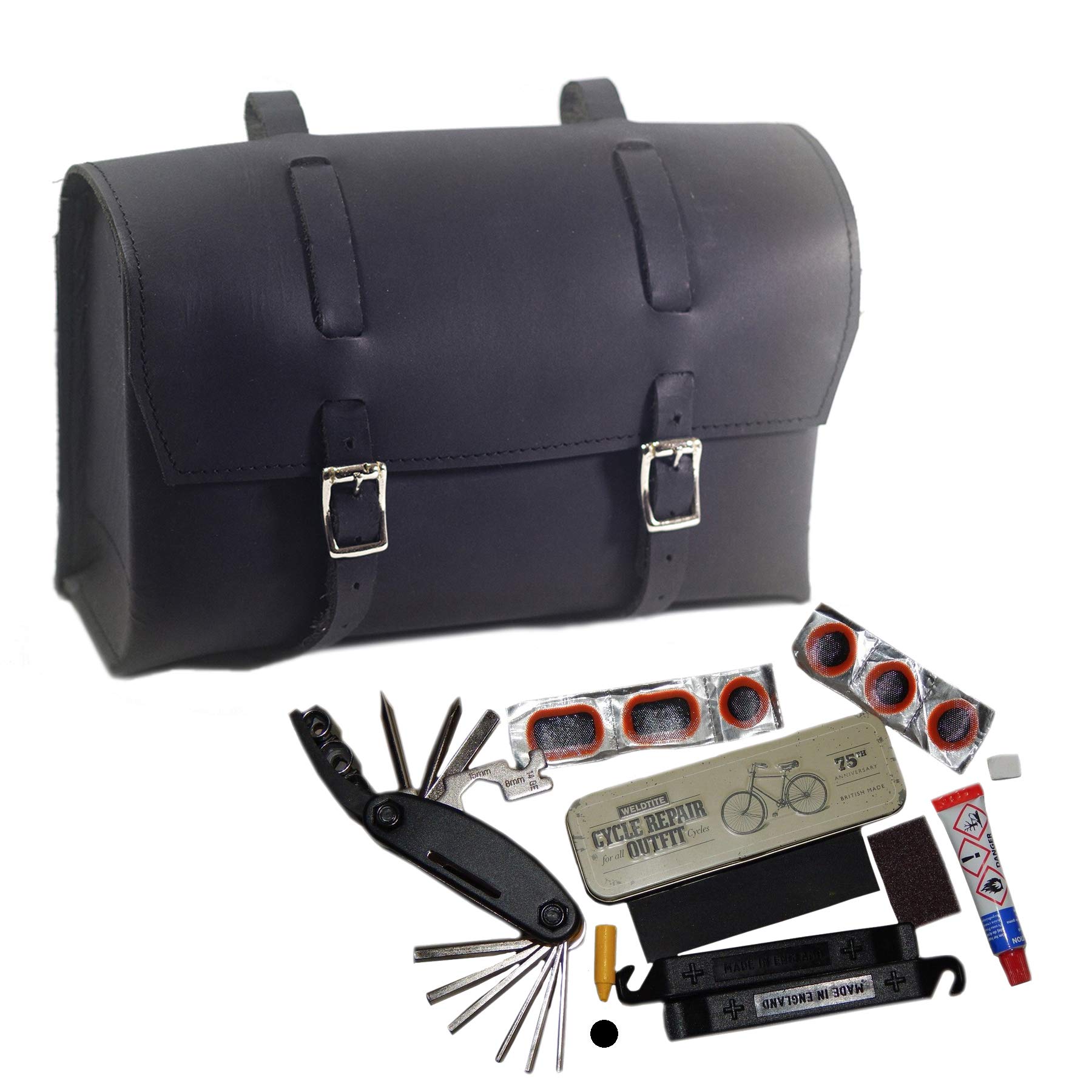 Bike Repair Set: Leather Bag, Multi-tool, Puncture Repair Kit MADE IN UK Black