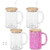 Snoverre 16 Oz Glass Snow Globe Tumbler Cup with Handle, Double Wall Snowglobe Tumbler Coffee Cup with Pre-Drilled Hole and Plug for Glitter Diy, 4 Pack