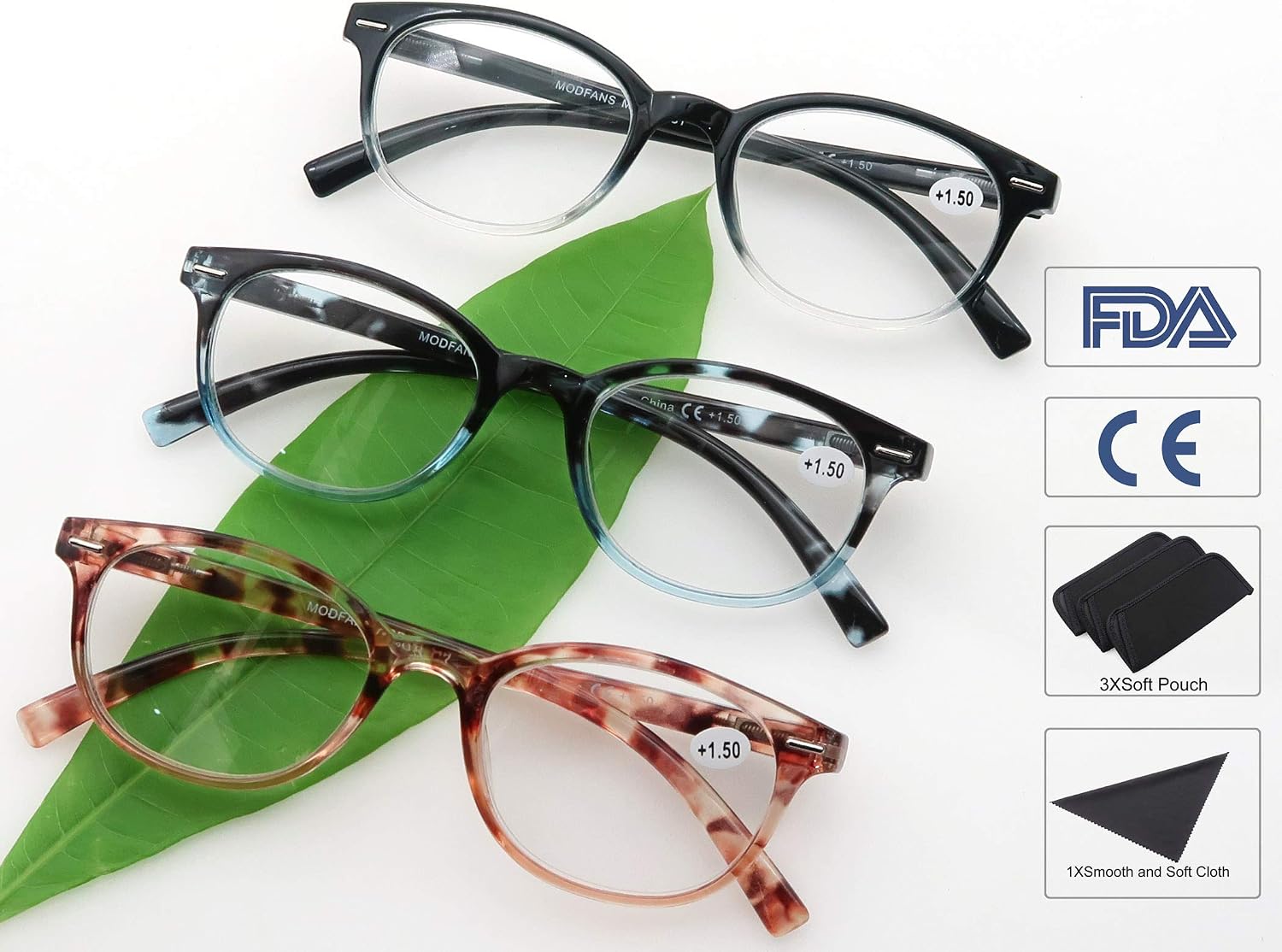 MODFANS Women Reading Glasses 4.0 3 Pair Stylish Ladies Readers with Comfort Spring Hinge Pattern Design for Fashion Women Reading Pouch Included - Image 3