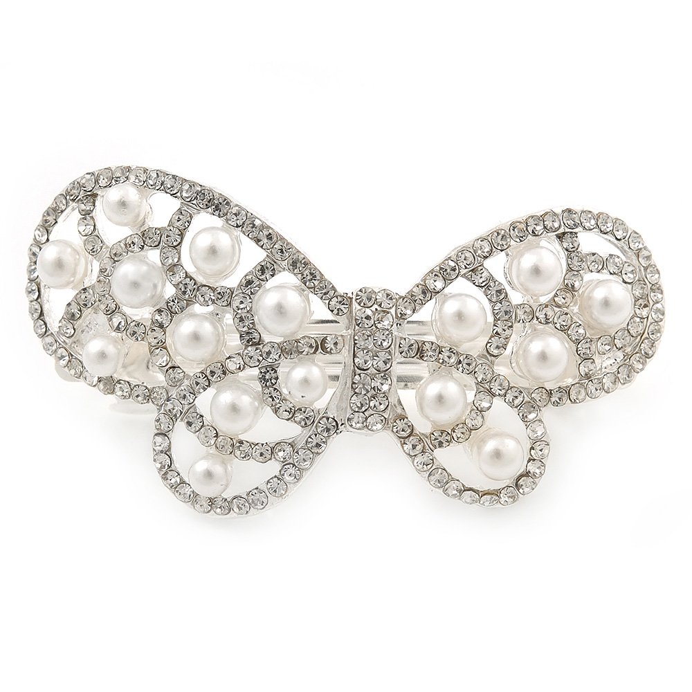 Bridal Wedding Prom Silver Tone Simulated Pearl Diamante 'Asymmetrical Butterfly' Barrette Hair Clip Grip - 65mm Across