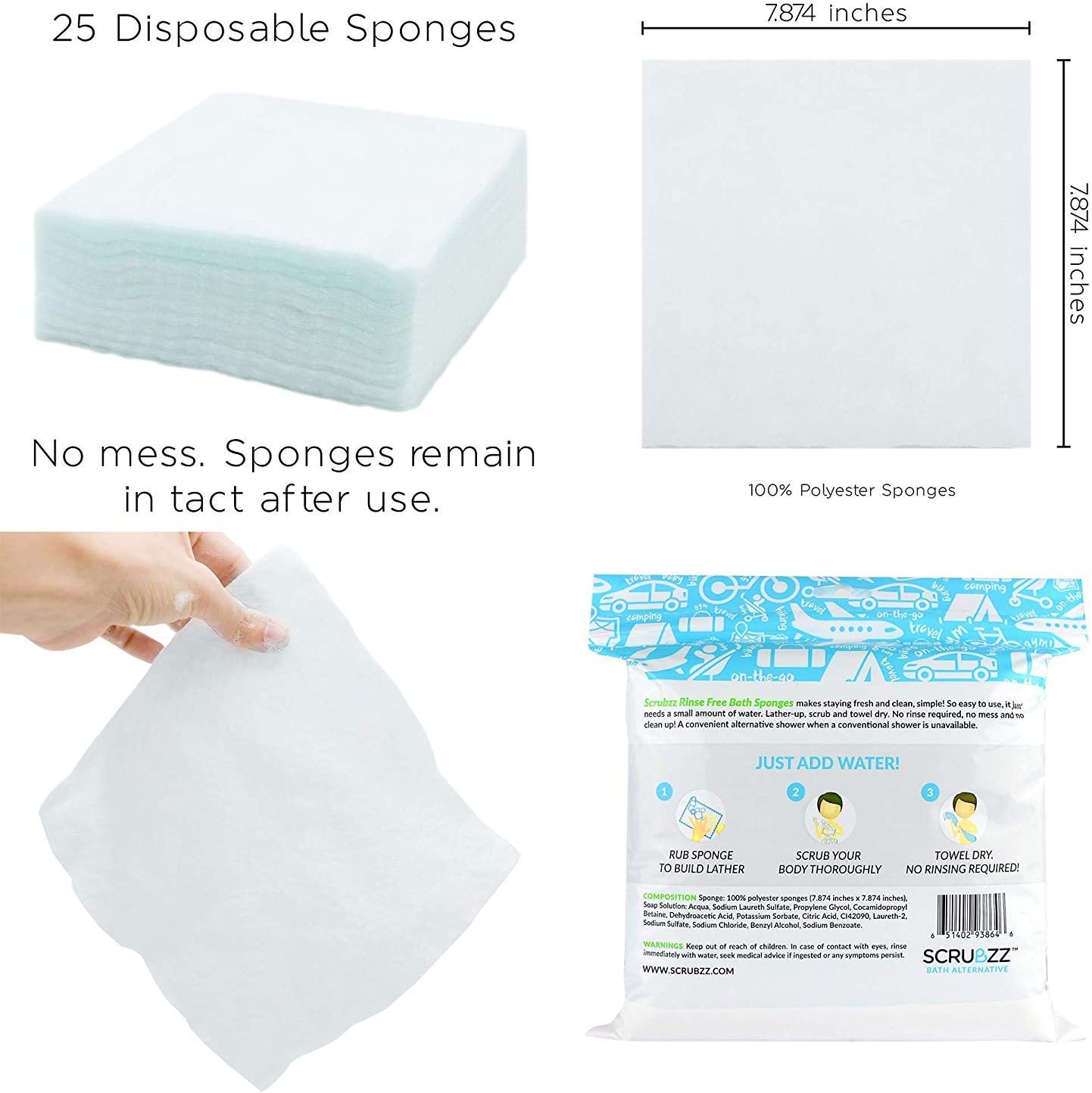 Scrubzz Disposable No Rinse Bathing Wipes - 25 Pack - All-in-1 Single Use Shower Wipes, Simply Dampen, Lather, and Dry Without Shampoo or Rinsing: Health & Personal Care