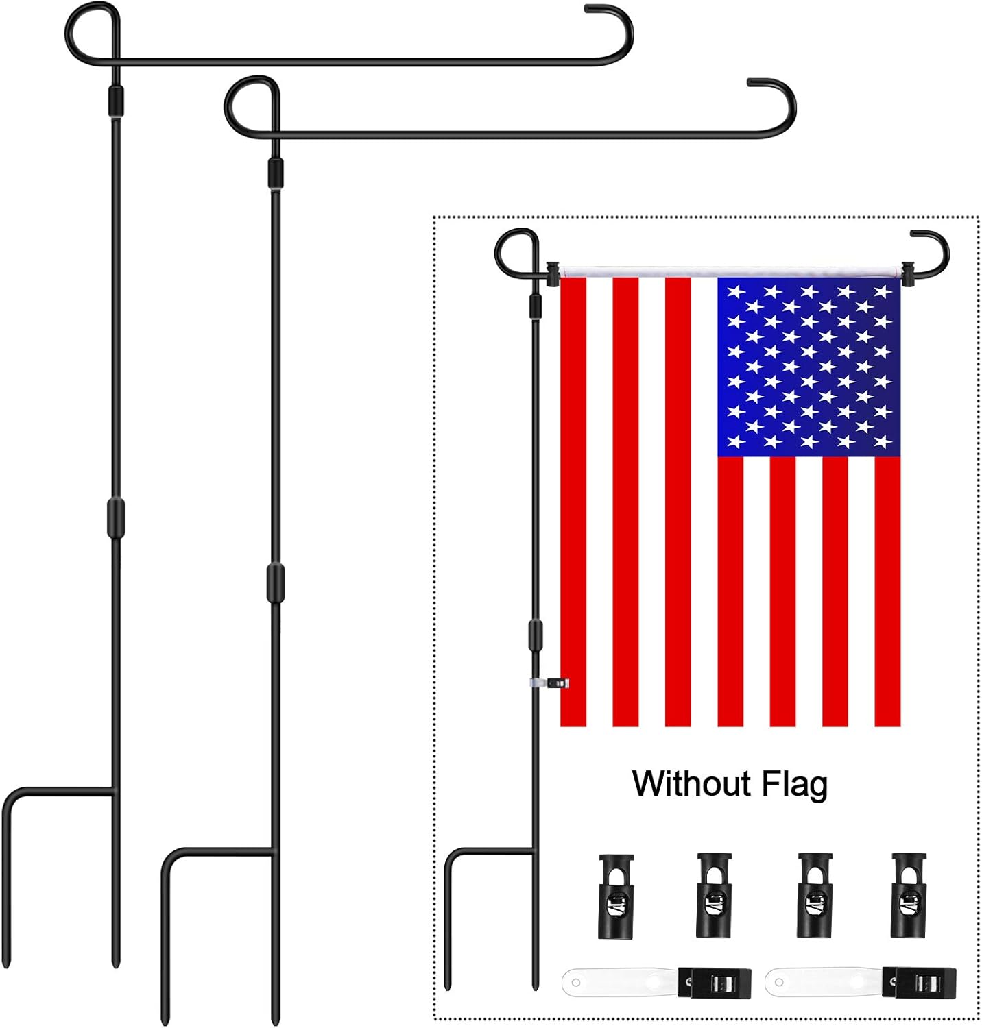Garden Flag Stand, BONWIN Garden Flag Pole Holder Stands, Powder Coated Weather-Proof Paint Metal Flagpole Yard Flag Holder with Spring Stoppers & Anti-Wind Clip for Garden Lawn, 35.74"H x 16.26"W (2)