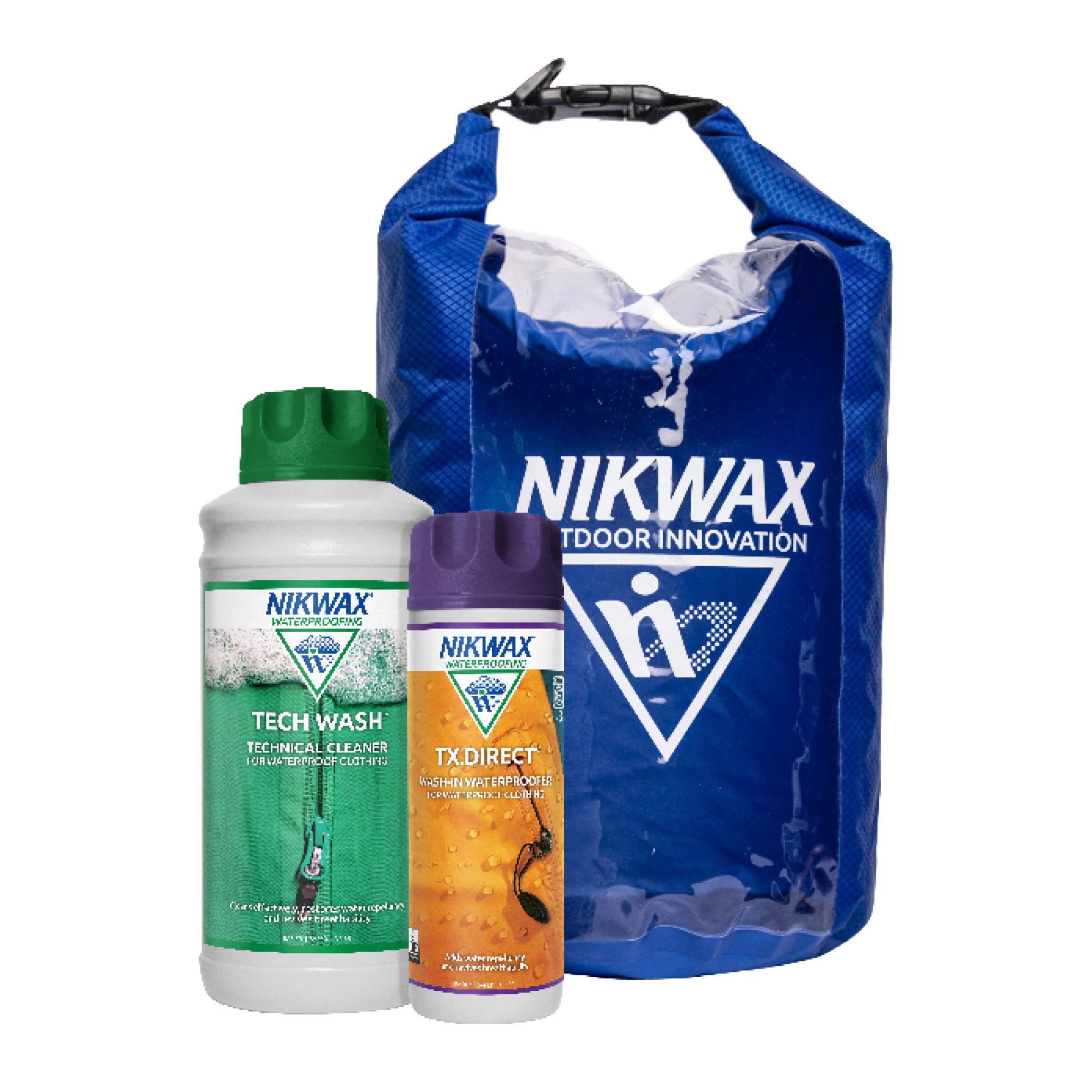 Nikwax Outdoor Protection Kit - cleaning and waterproofing for clothing - includes: Tech Wash 1L | TX.Direct 300ml | FREE 10L Dry Bag