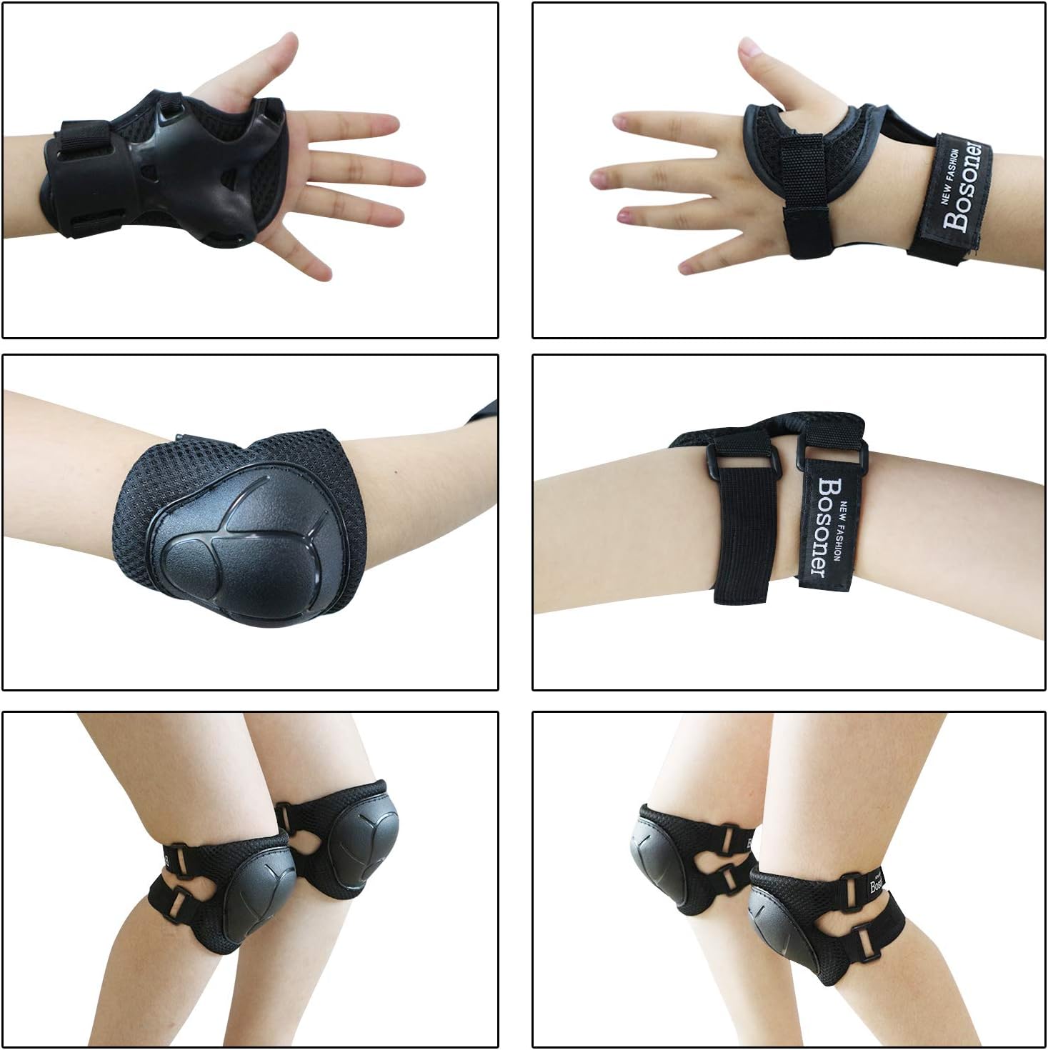 BOSONER Kids/Youth Knee Pad Elbow Pads Guards Protective Gear Set for Roller Skates Cycling BMX Bike Skateboard Inline Skatings Scooter Riding Sports (Black) : Sports & Outdoors
