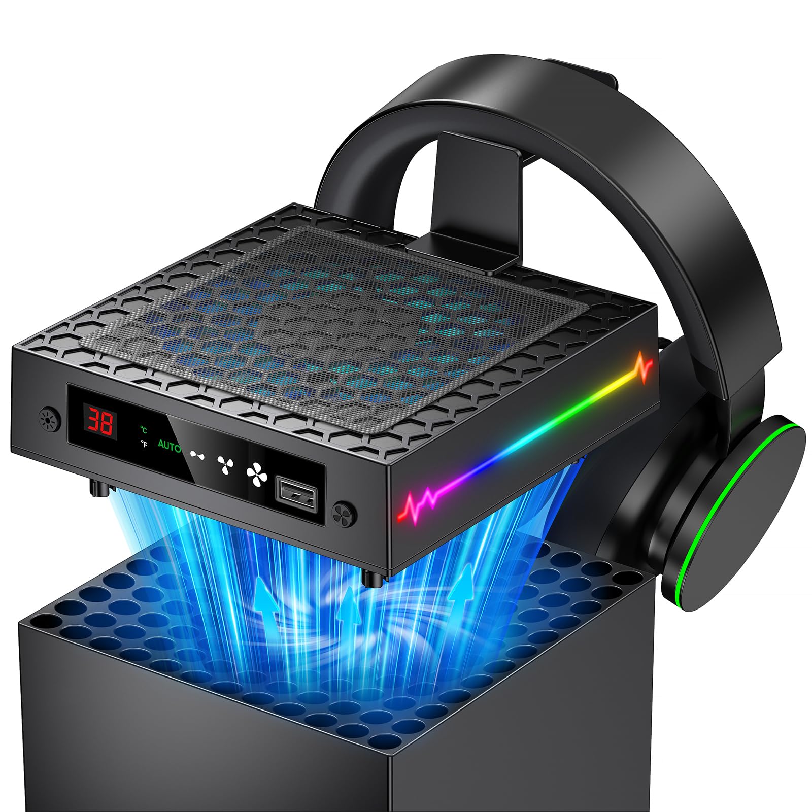 Photo 1 of [LED Display] - Auto Cooling Fan for Xbox Series X with 9 RGB Light Modes, Cooling System Adjustable by Temperature with 4 Gears for Xbox Series X Console,Cooler & Light Switch,Headset Hook,USB Port