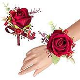 YSOJMAN Corsage and Boutonniere Set for Groom Bride Groomsmen Bridesmaids Wedding Party Prom, Artificial Roses Flower Boutonniere for Men Wedding Mother Grandmother for Bridal Shower Prom (Burgundy)