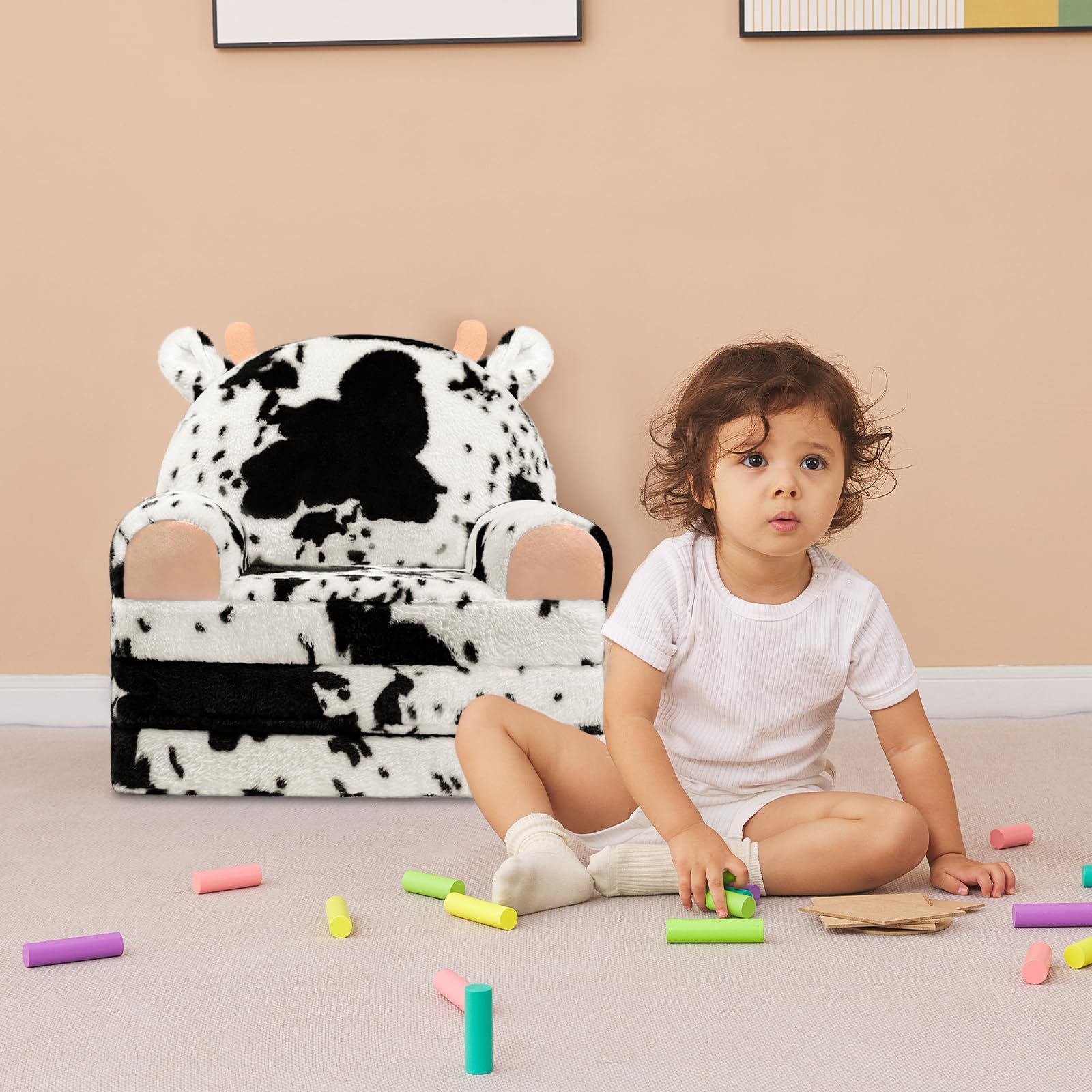 Toddler Chair Plush with Removable Cover, 2-in-1 Toddler Couch Fold Out, Cow Shell, Comfy Couch for Kids Over 18 Months, Kids Furniture for Bedroom, Playroom（Cow）