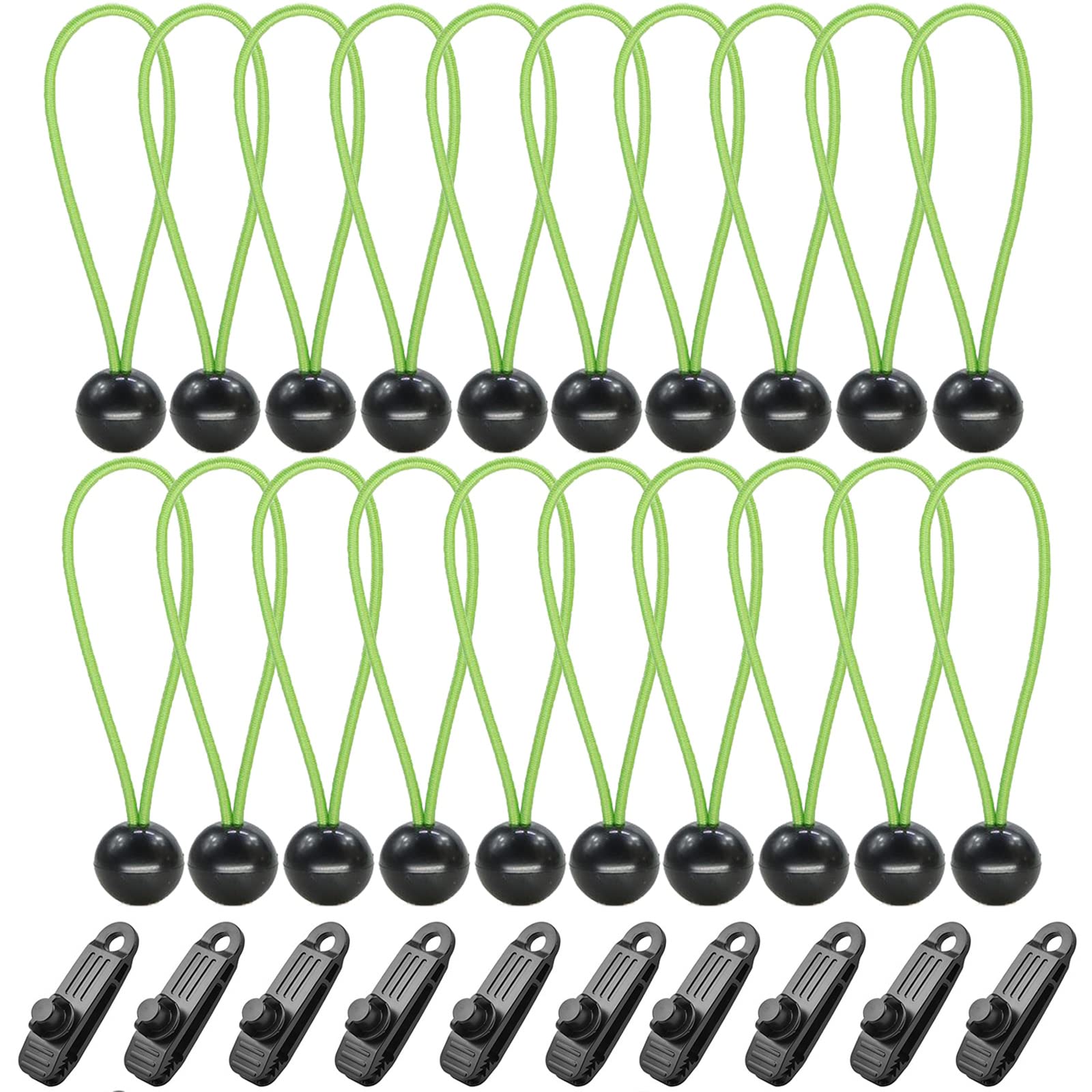 20 Pcs Bungee Cords Bungee Ball With 20Pcs Tarp Clips Long Loop Regular Ball Bungees Tie-down Bungie Cord Pack with Balls, Elastic Ties Bungy Cords Balls for Tarpaulins,Marquees,Tents Banners