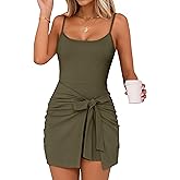 Caracilia Womens Summer Spaghetti Strap Dress Tie Waist Romper Skorts Bodycon Beach Vacation Mini Dresses Built in Shorts