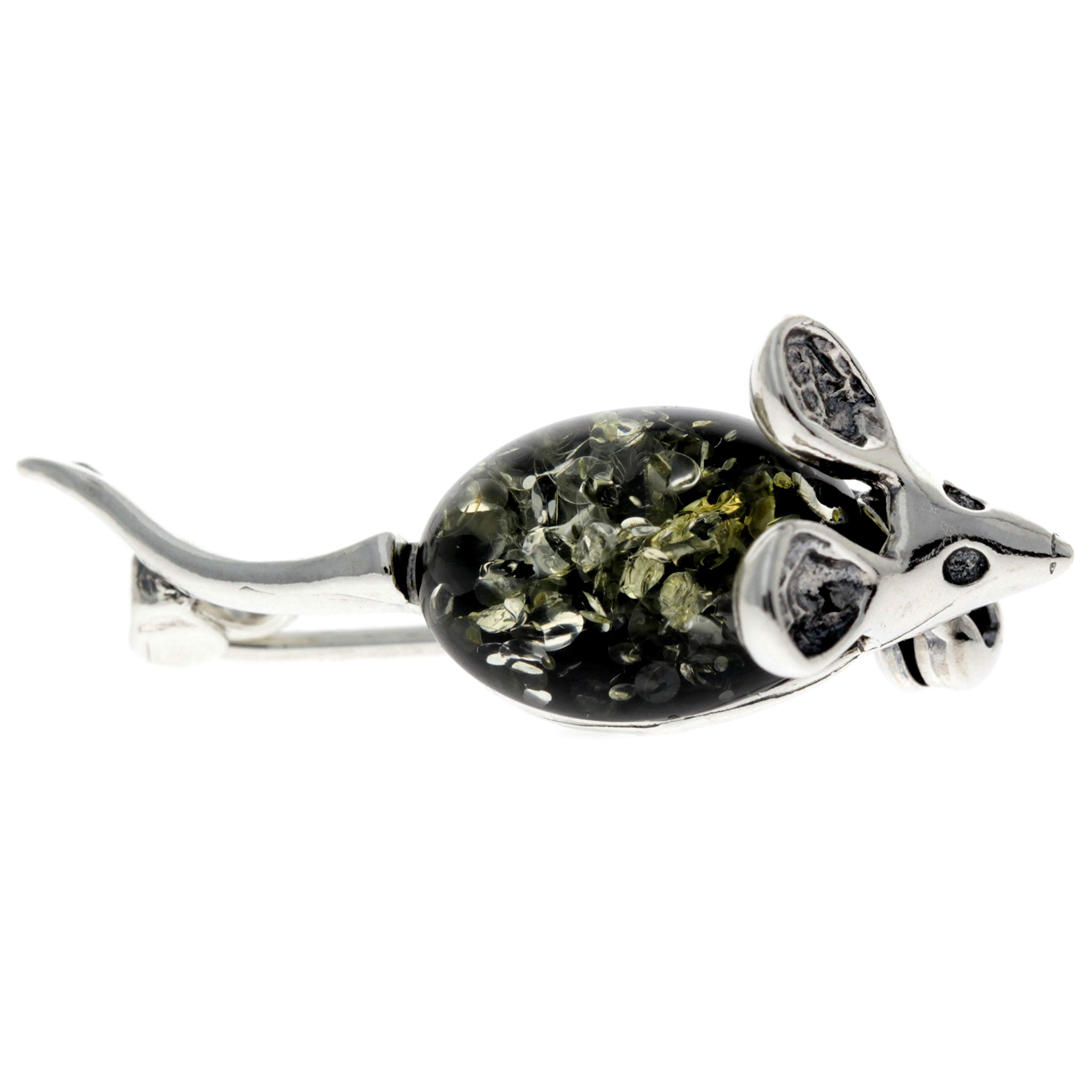 SilverAmber Jewellery UK - 925 Sterling Silver & Genuine Baltic Green Amber Gemstone Jewellery for Women - Cute Small Mouse Brooch/Pin - 4107G