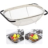 AJIADA Stainless Steel Over The Sink Oval Colander with Expandable Rubber Grip Handles Strainers, Fine Mesh Strainer Basket K