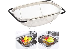 AJIADA Stainless Steel Over The Sink Oval Colander with Expandable Rubber Grip Handles Strainers, Fine Mesh Strainer Basket K