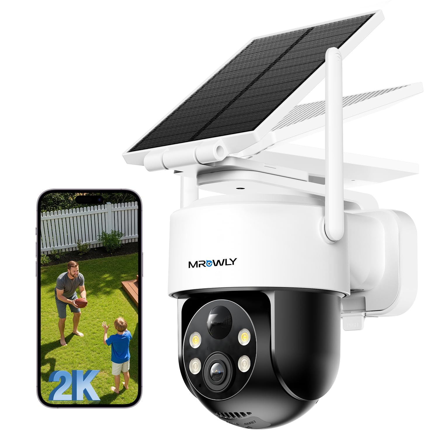 Mrowly 2K Überwachungskamera Aussen Solar, 360° PTZ Kamera Überwachung Aussen Akku, 2,4GHz WLAN Kamera mit PIR Bewegungsmelder, Farbnachtsicht, 2-Wege-Audio, IP66, Cloud/SD Speicher