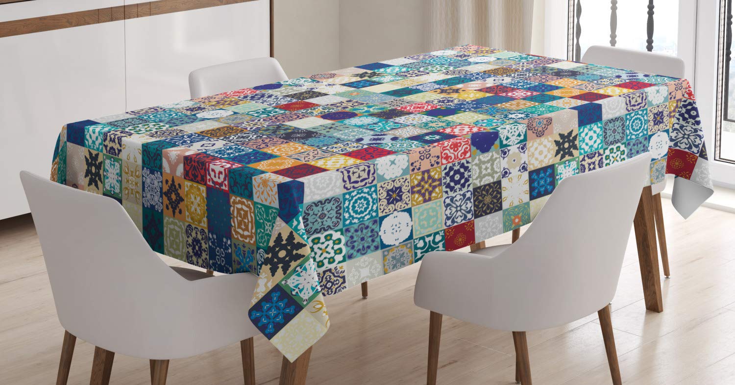 ABAKUHAUS Moroccan Tablecloth, Oriental Eastern Pattern Grid Style Patchwork Ornament Tiles Design Asian, ining Room Kitchen Rectangular Table Cover, 54 W X 78 L, Blue Beige