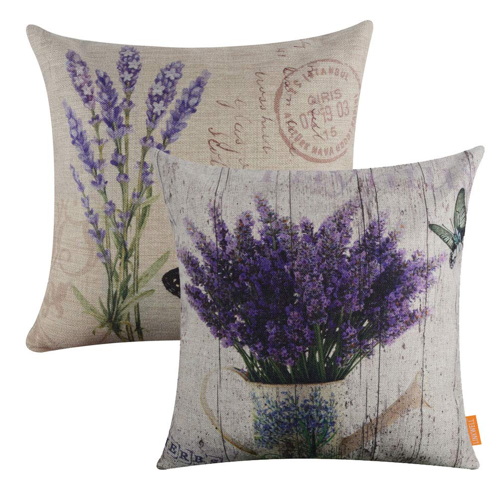LINKWELL Pack of 2, Square Throw Pillow Covers Set Decorative Cushion Case for Sofa Bedroom Car Couch 18 x 18 Inch - French Country Purple Lavender Flower CC1038-1142